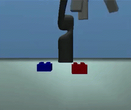 A robotic arm flipping the red block over instead of stacking it